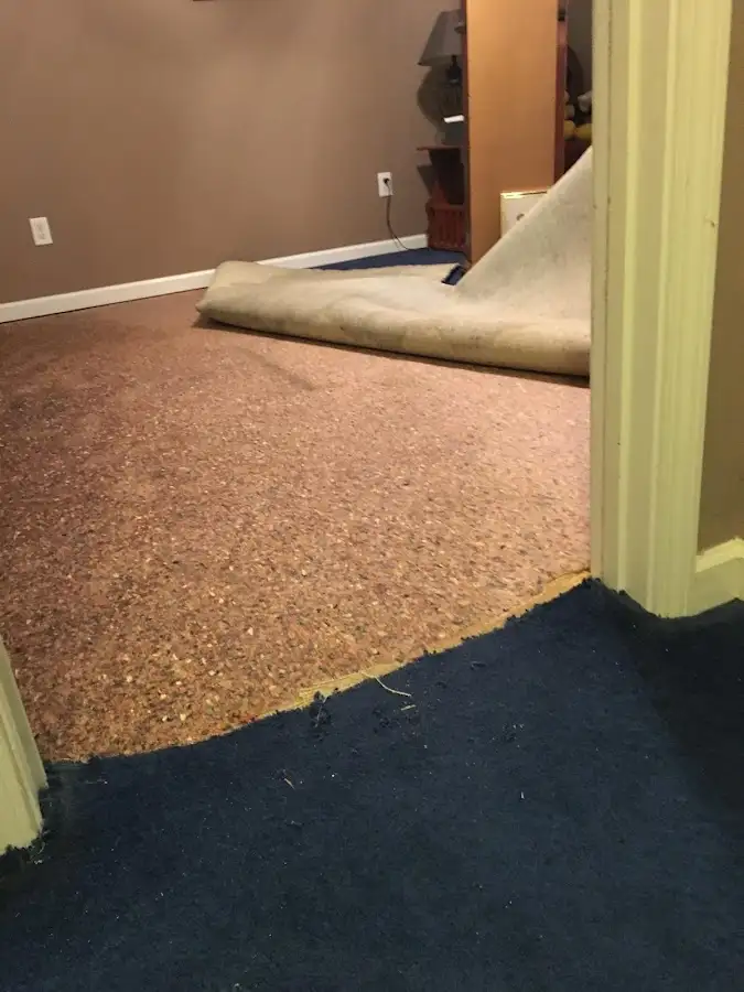 Carpet pad removal revealing water damage during Water Mitigation Services in East Bay