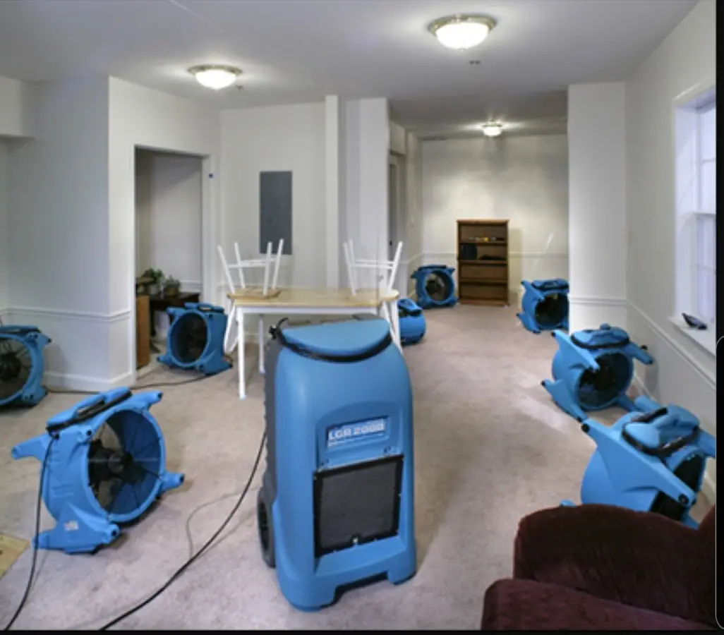 Air movers and dehumidifier setup for Water Damage Restoration in East Bay